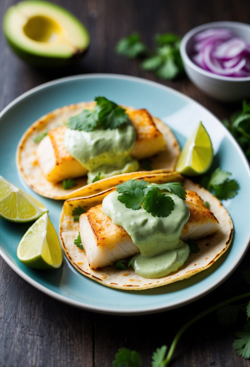 A plate of halibut tacos topped with avocado crema and garnished with fresh cilantro and lime wedges