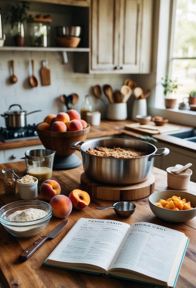 A rustic kitchen with ingredients and utensils laid out for making Peach Cobbler, with a recipe book open to Brenda Gantt's recipe