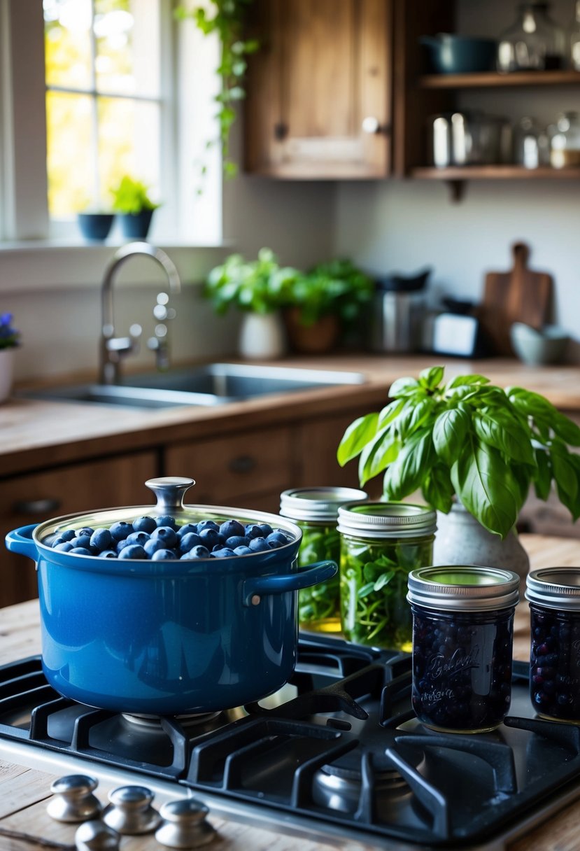 A rustic kitchen with fresh blueberries and basil, a pot simmering on the stove, and jars ready for canning