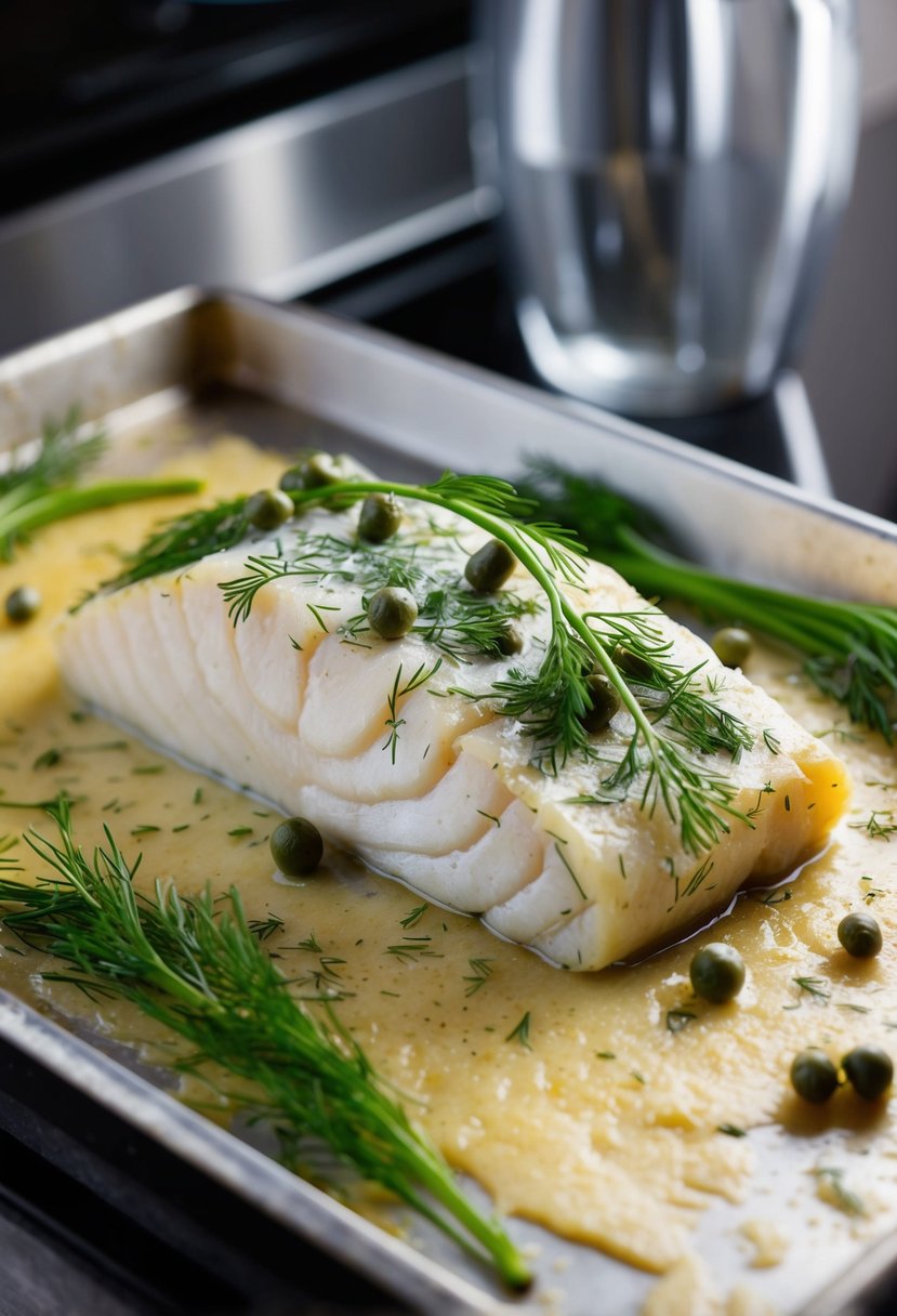 A fresh halibut fillet covered in dill and capers, sitting on a baking tray ready to be placed in the oven