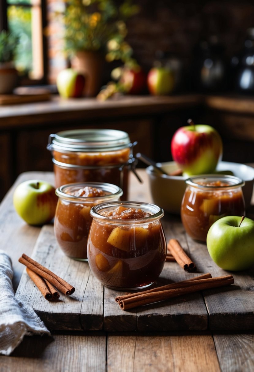 A rustic kitchen table with jars of apple cinnamon jam, fresh apples, and cinnamon sticks scattered around