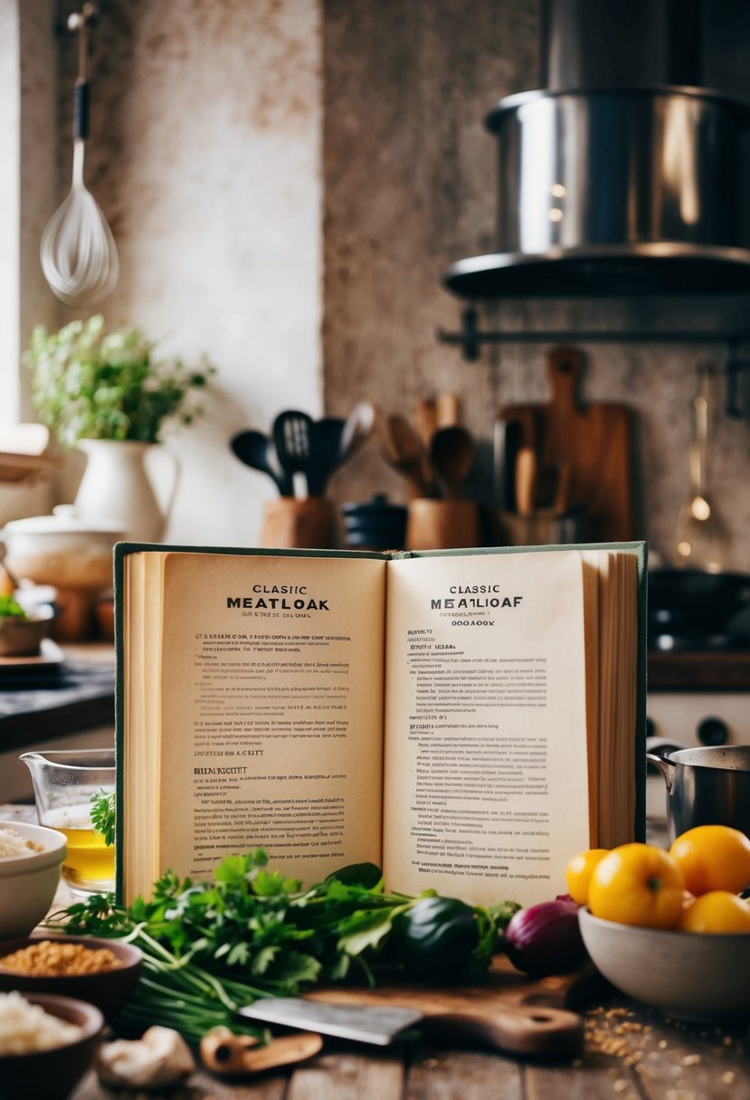 A rustic kitchen with a vintage recipe book open to "Classic Meatloaf" by Brenda Gantt, surrounded by ingredients and cooking utensils