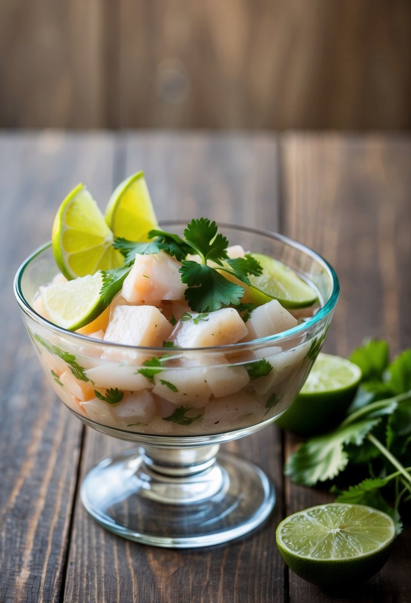 A glass bowl filled with halibut ceviche, garnished with slices of lime and sprigs of cilantro, sitting on a wooden table