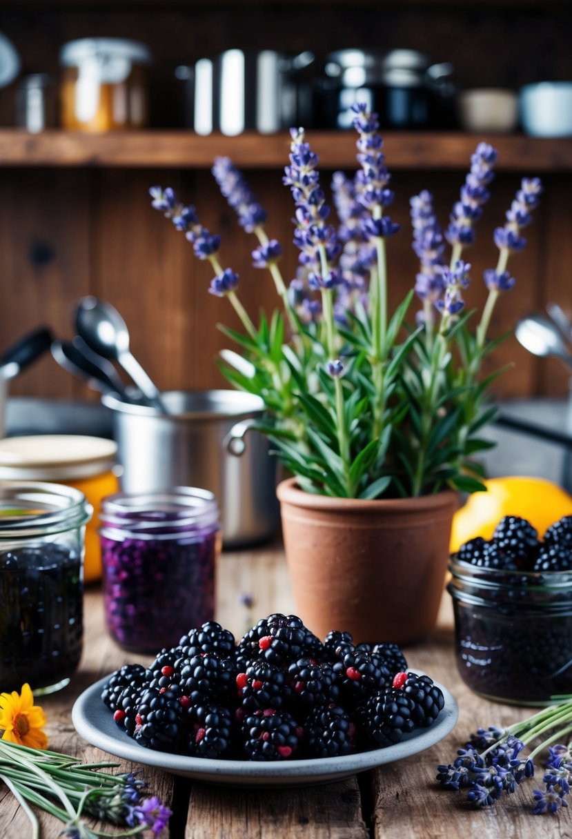 Fresh blackberries and fragrant lavender flowers in a rustic kitchen setting, surrounded by canning jars and utensils