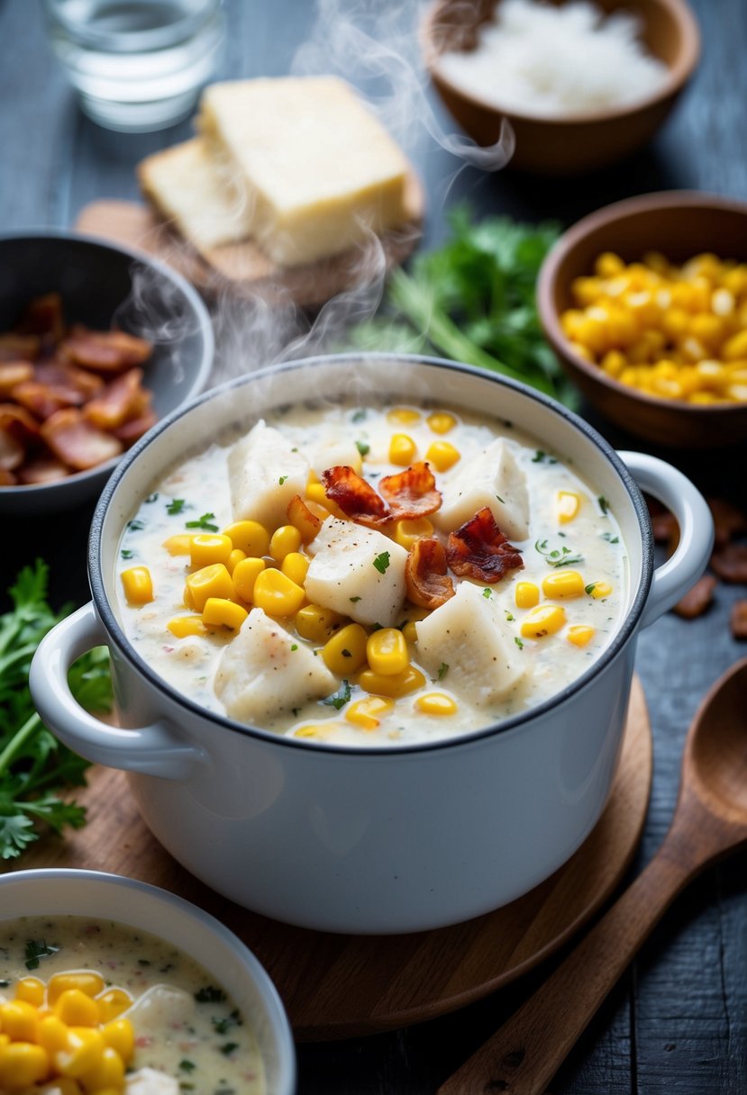 A steaming pot of halibut chowder filled with chunks of fish, corn kernels, and crispy bacon, surrounded by fresh ingredients and a rustic wooden spoon