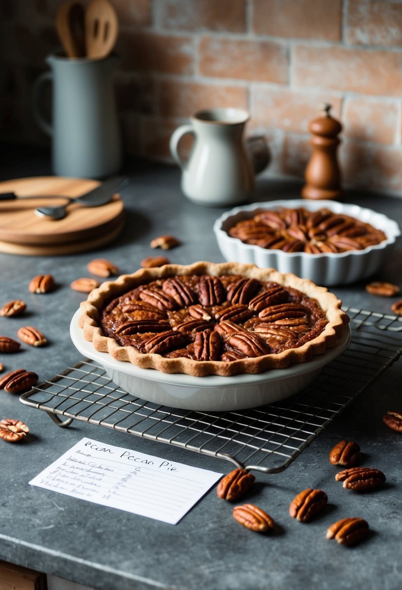 A rustic kitchen counter with a freshly baked pecan pie cooling on a wire rack, surrounded by scattered pecans and a handwritten recipe card