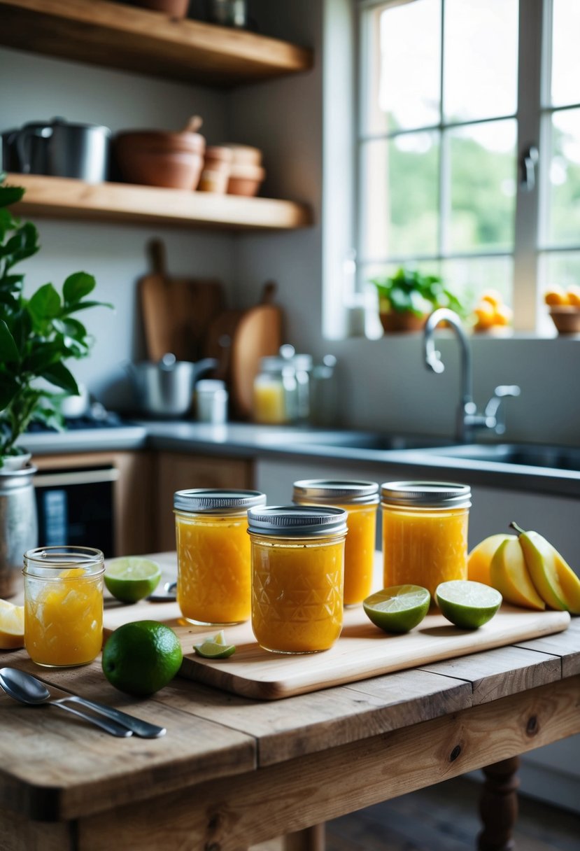 A rustic kitchen with jars of mango lime jam, fresh fruit, and canning equipment on a wooden table