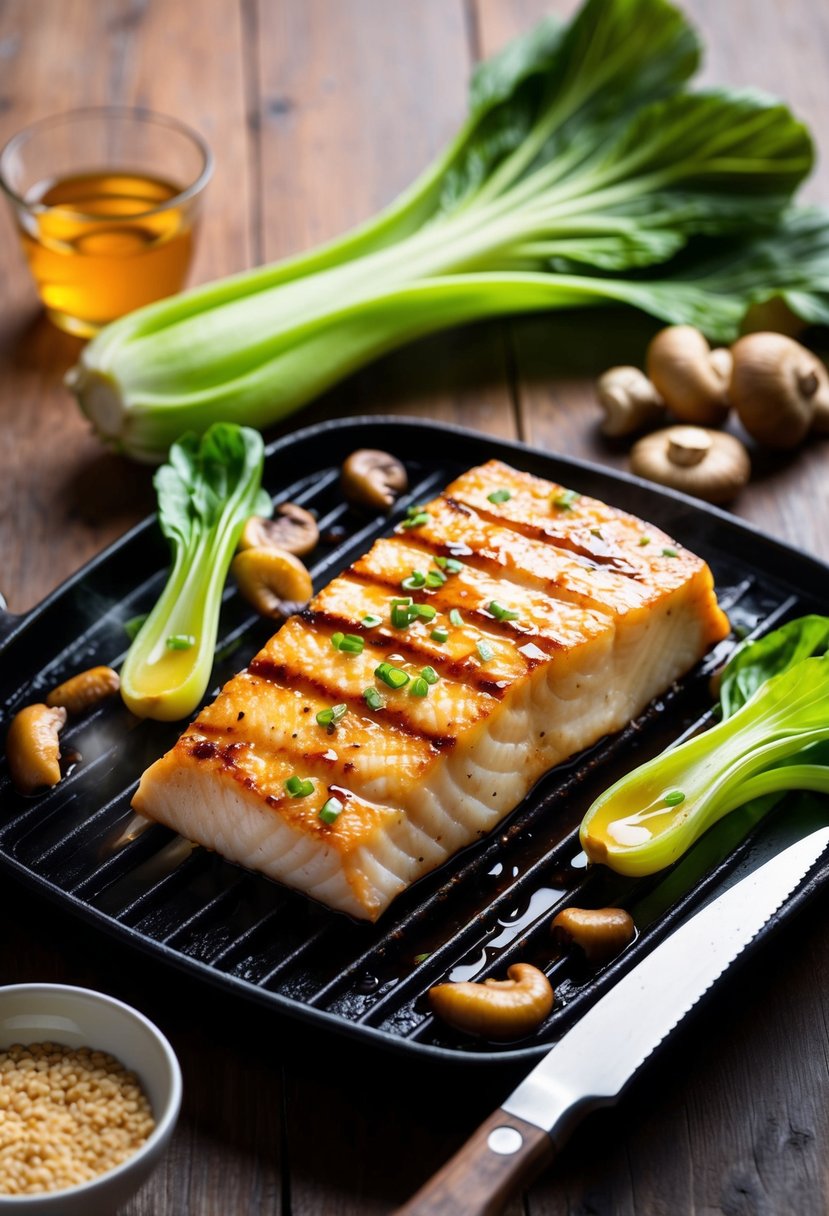 A halibut fillet sizzling on a hot grill, glazed with a shiny ginger soy sauce, surrounded by vibrant Asian-inspired ingredients like bok choy and shiitake mushrooms