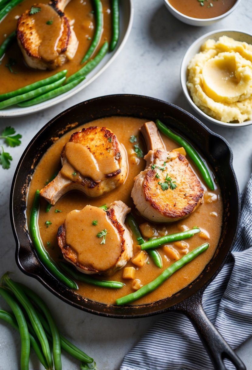 A sizzling skillet with golden-brown pork chops smothered in a rich, savory gravy, surrounded by steaming mashed potatoes and vibrant green beans