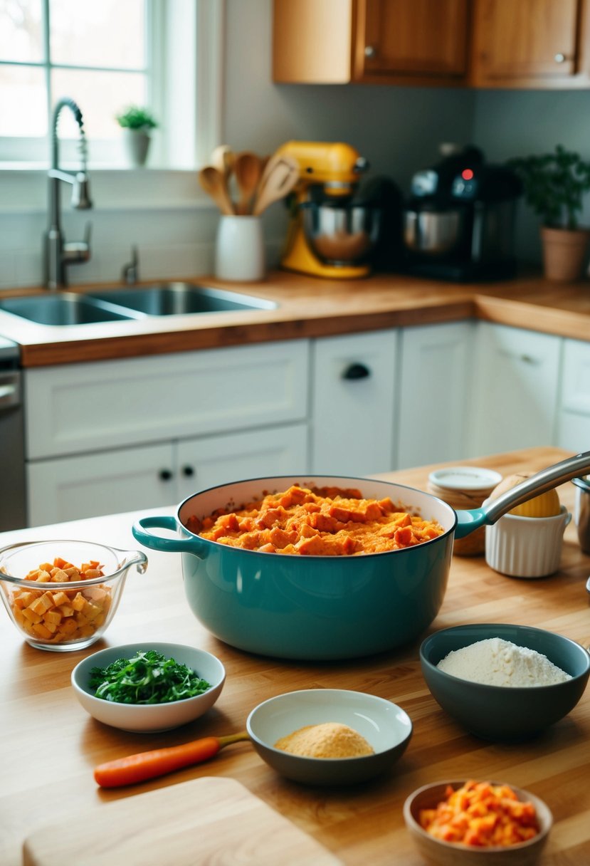 A kitchen counter with ingredients and utensils for making sweet potato casserole