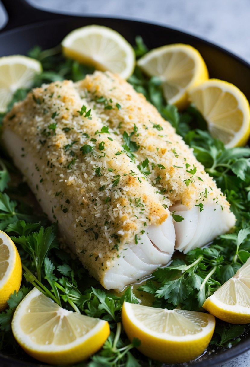 A halibut fillet coated in herb and parmesan crust, resting on a bed of fresh herbs and surrounded by lemon wedges