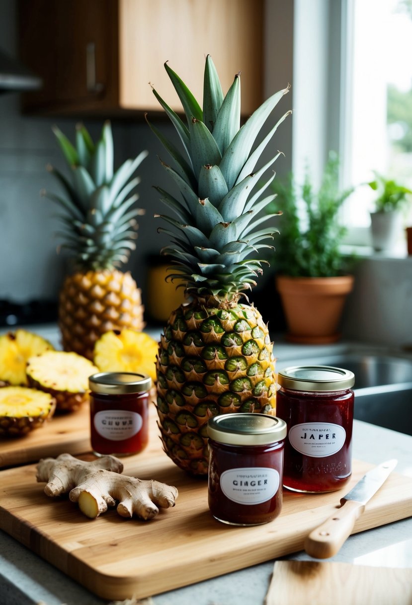 A kitchen counter with fresh pineapples, ginger, and jars of homemade jam