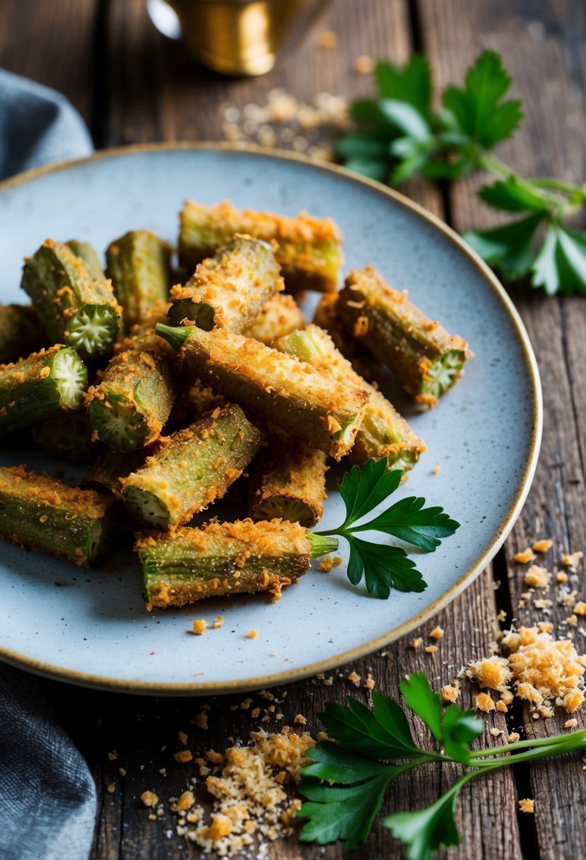 A plate of golden-brown fried okra sits on a rustic wooden table, surrounded by scattered breadcrumbs and a sprig of fresh parsley