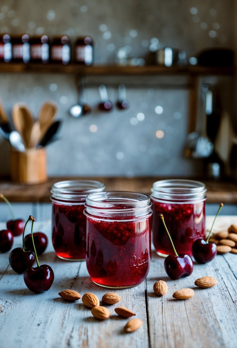 A rustic kitchen counter with jars of cherry almond jam, fresh cherries, and almonds scattered around