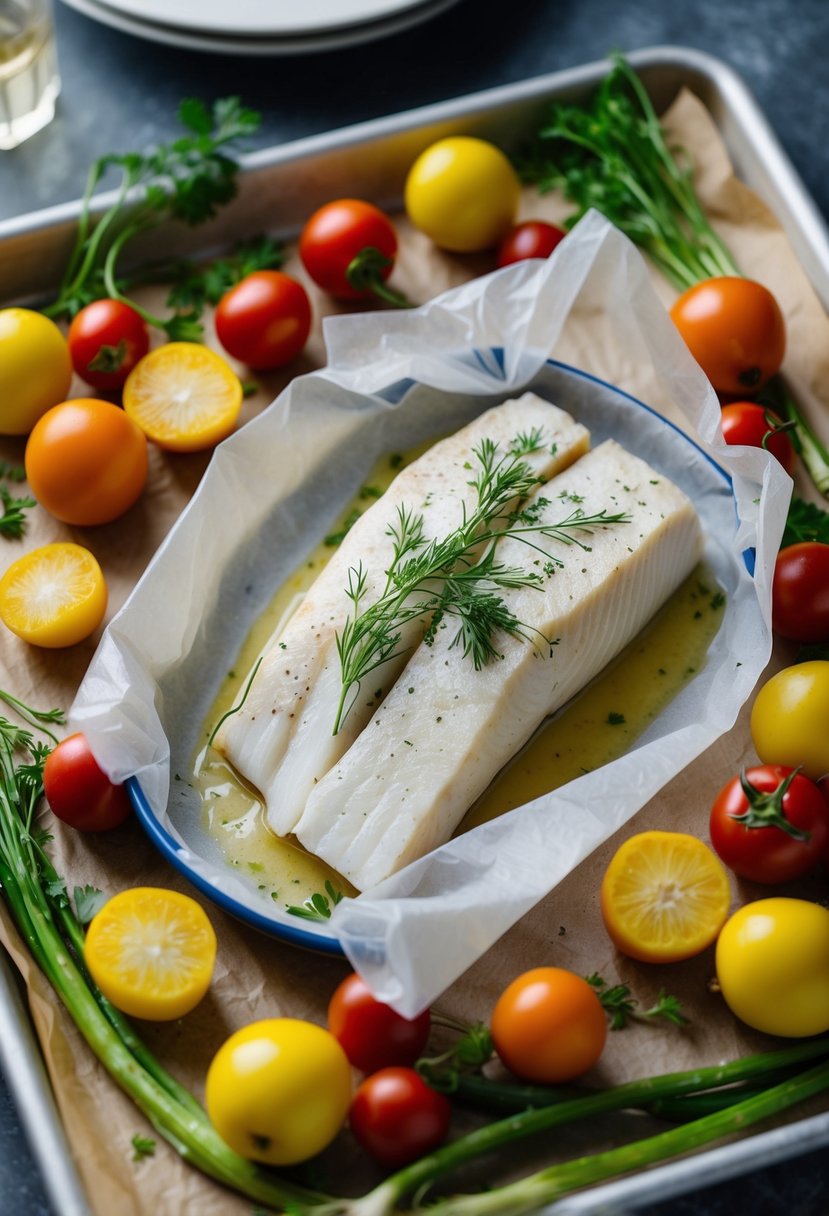 A halibut fillet surrounded by colorful vegetables, wrapped in parchment paper and placed on a baking sheet