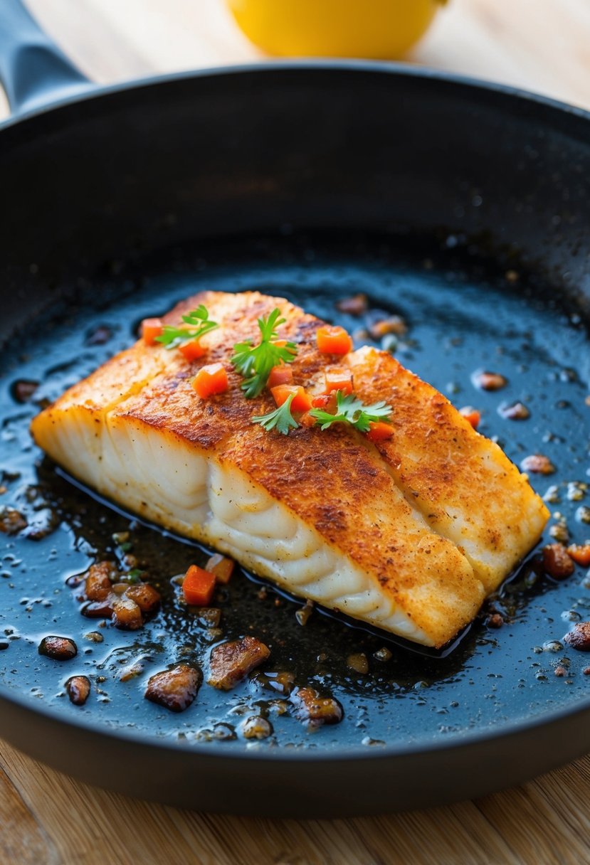 A sizzling blackened halibut fillet with Cajun spices on a hot skillet