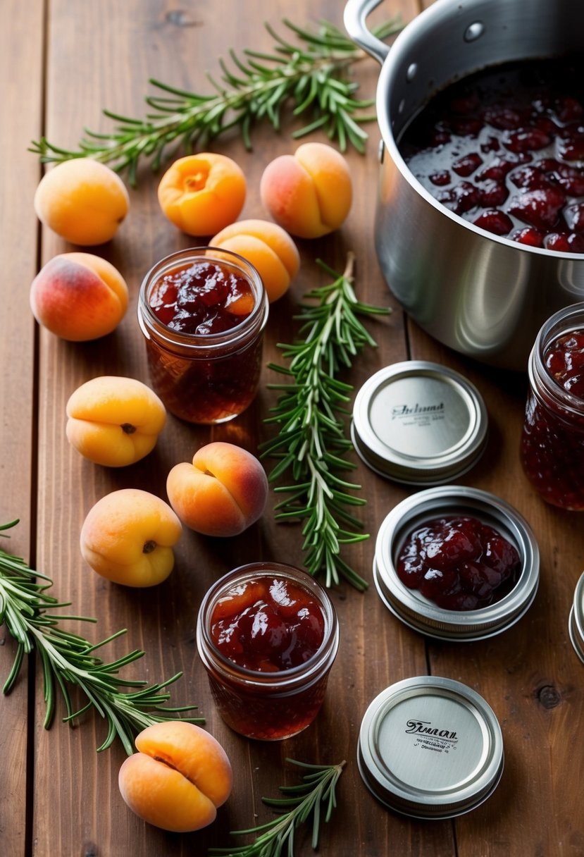 Fresh apricots and rosemary sprigs arranged on a wooden table next to a pot of simmering jam. Jars and lids ready for canning