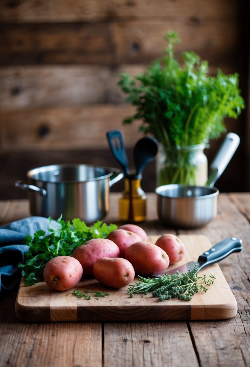 A rustic kitchen scene with fresh red potatoes, herbs, and cooking utensils on a wooden cutting board