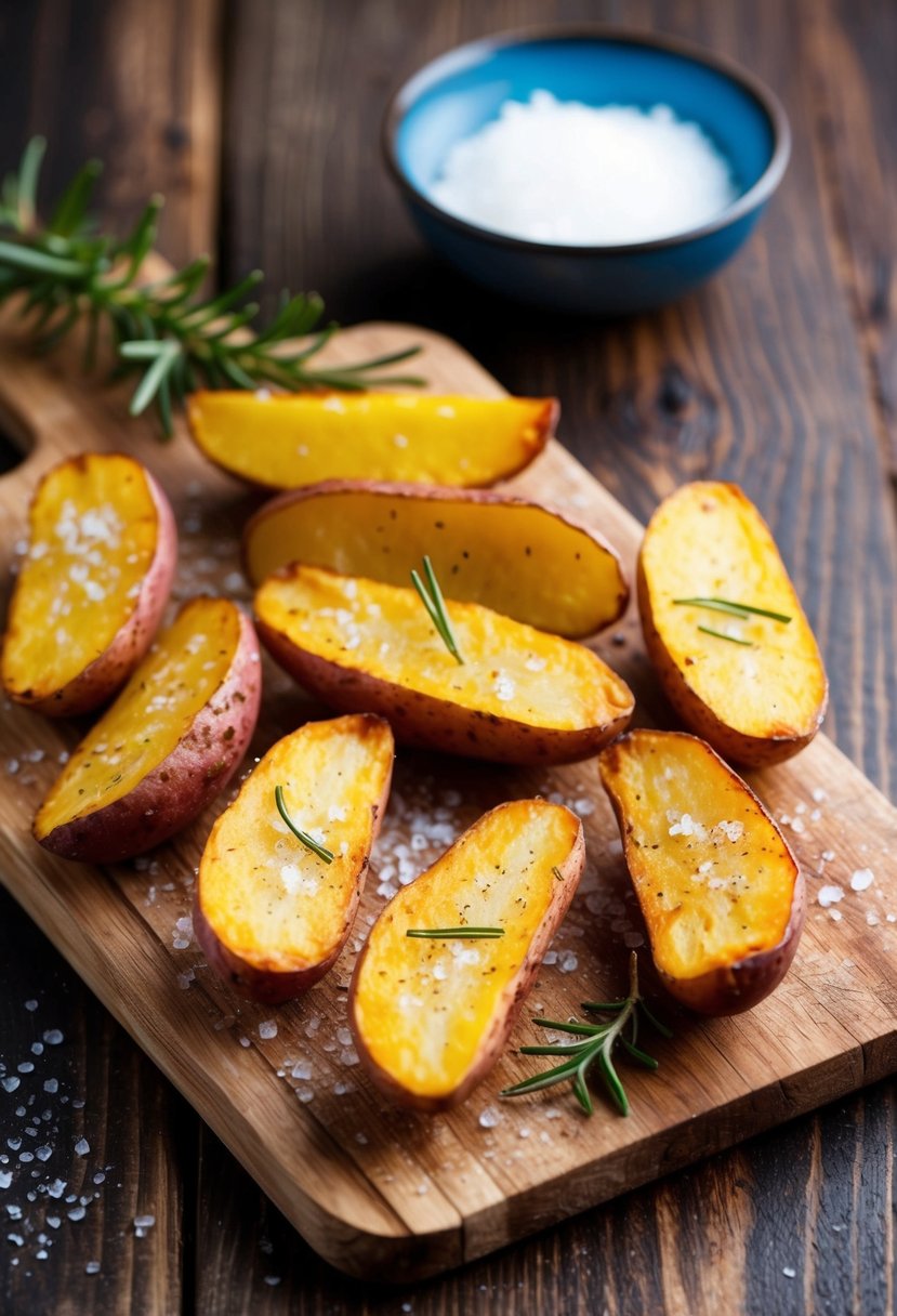 Freshly baked red potato wedges on a rustic wooden cutting board, sprinkled with sea salt and rosemary