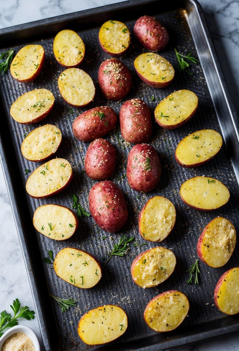 A baking sheet with halved red skin potatoes coated in garlic, Parmesan, and herbs, ready to be roasted