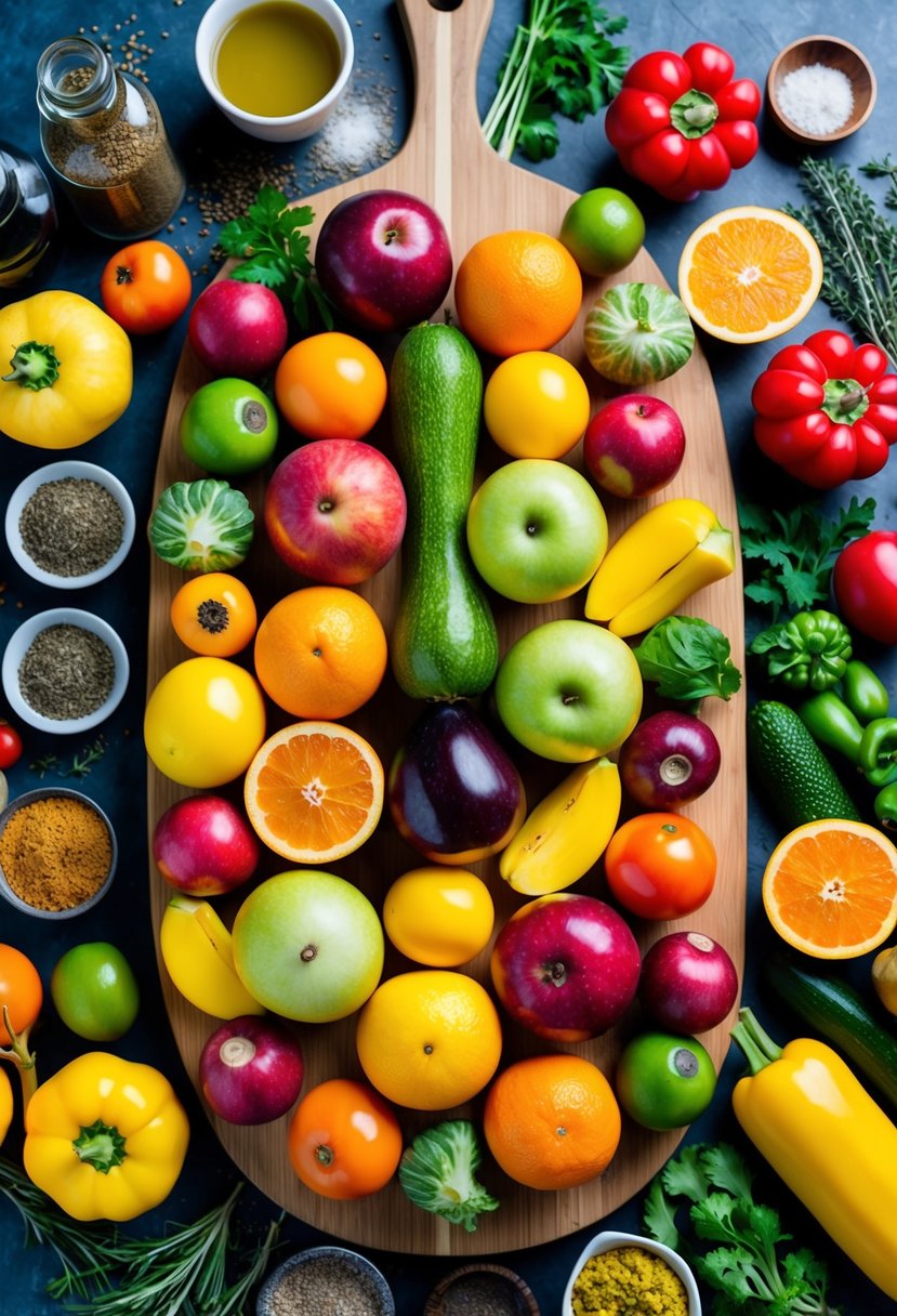 A colorful array of fresh fruits and vegetables arranged on a wooden cutting board, surrounded by a variety of herbs and spices