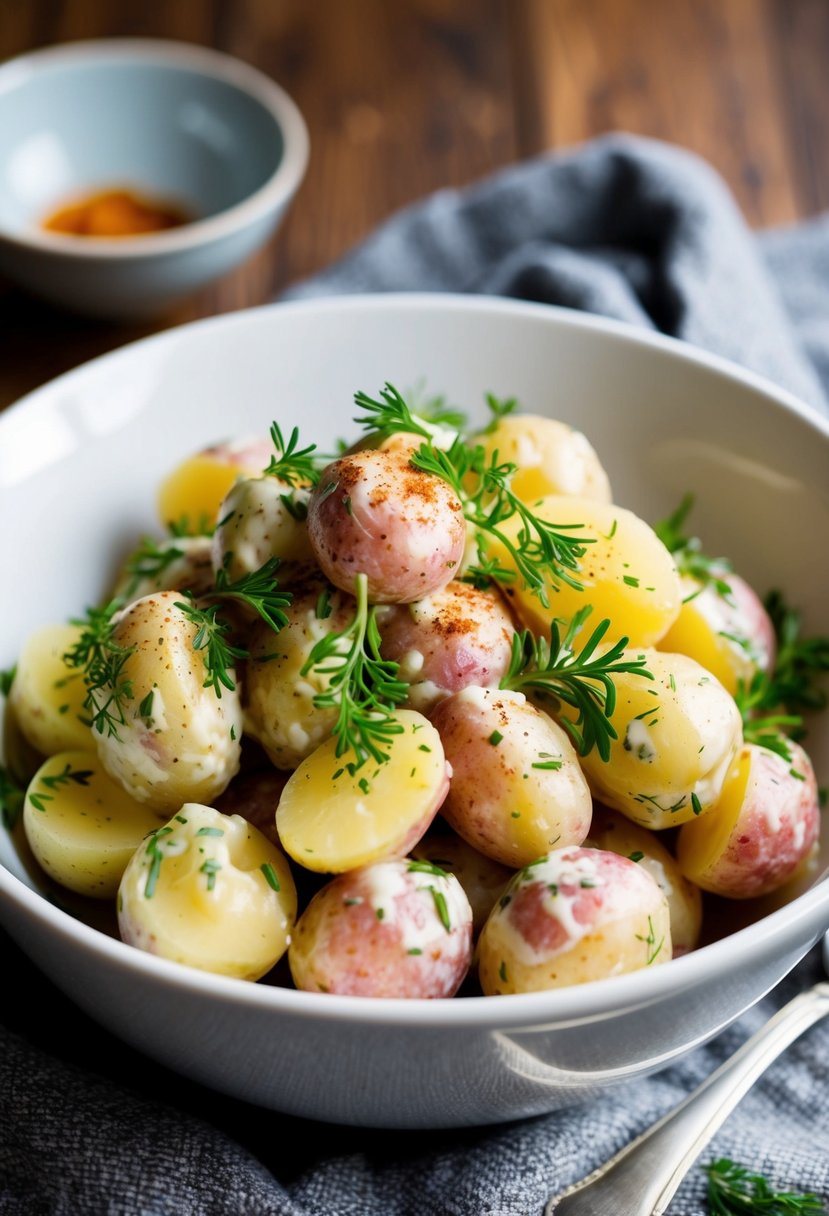 A bowl of creamy red potato salad with fresh herbs and a light vinaigrette dressing, garnished with a sprinkle of paprika