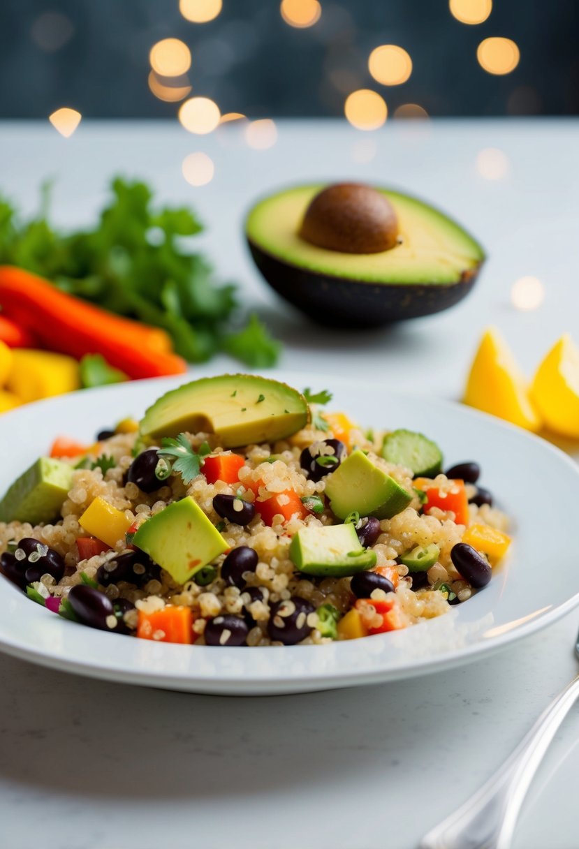 A colorful quinoa salad with avocado, black beans, and assorted vegetables arranged on a white plate