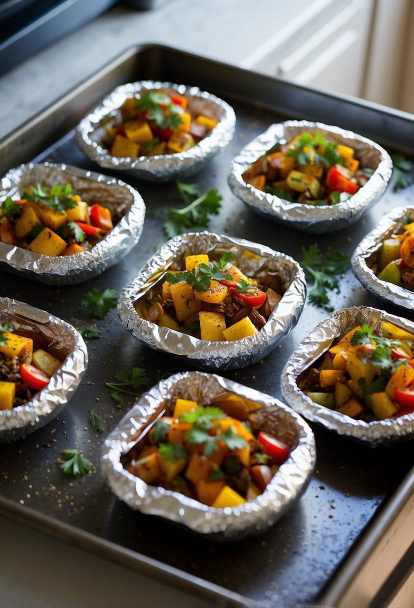 A variety of foil packets filled with seasoned ingredients sit on a baking sheet ready to be placed in the oven