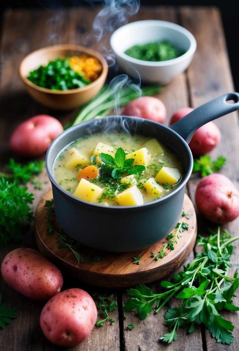 A steaming pot of herbed potato soup surrounded by fresh red skin potatoes, herbs, and other healthy ingredients on a rustic wooden table