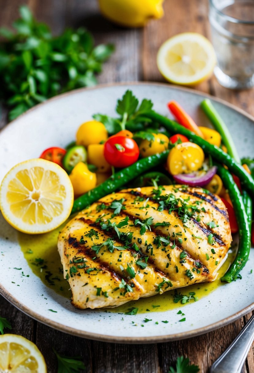 A plate of grilled lemon herb Mediterranean chicken with colorful vegetables and a sprinkle of fresh herbs on a rustic wooden table