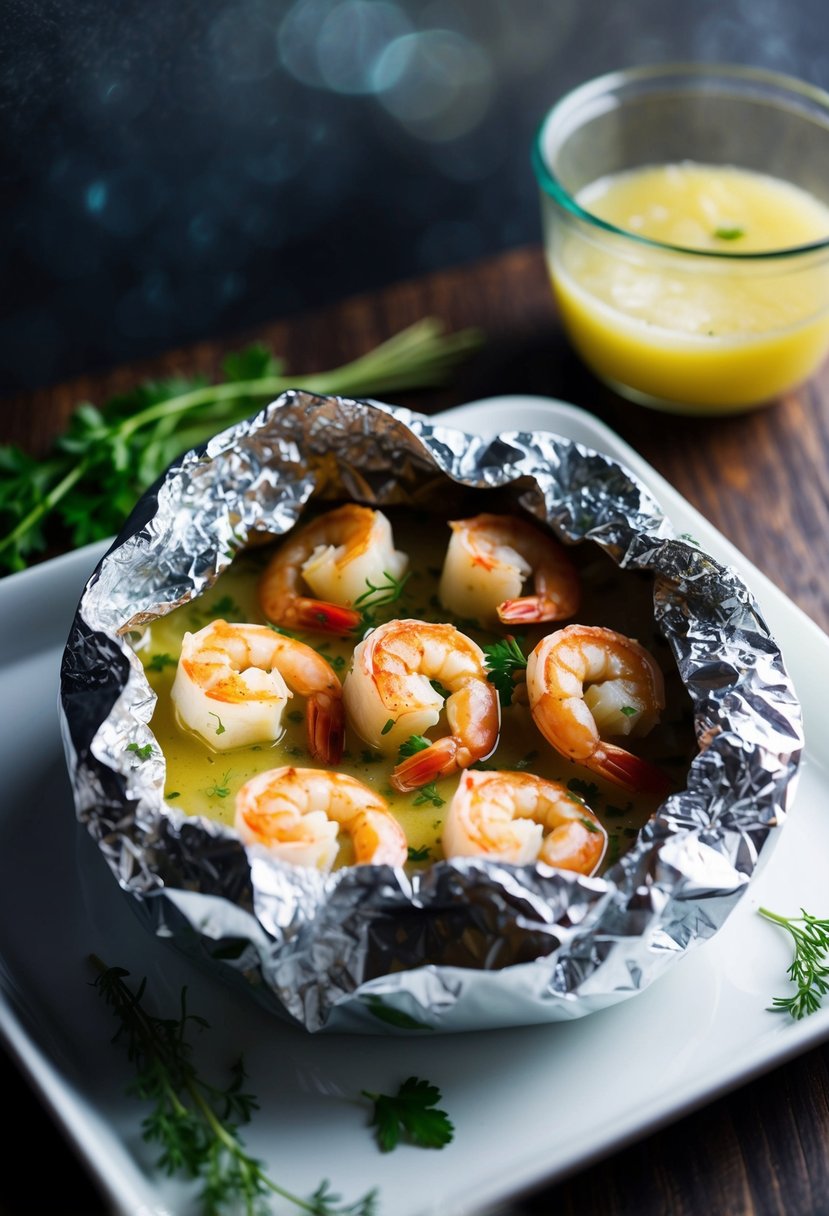 A foil packet filled with garlic butter shrimp and herbs, ready to be placed in the oven