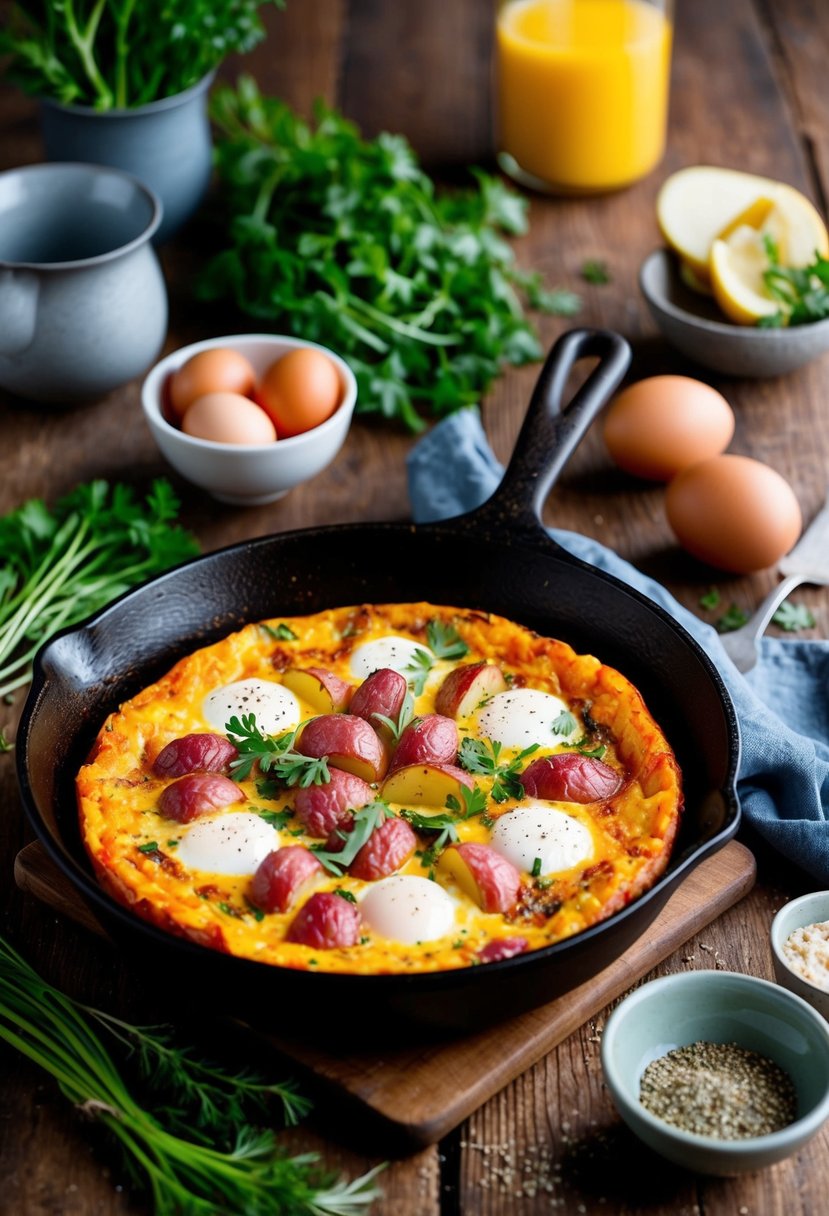 A rustic kitchen scene with a skillet filled with a colorful red potato frittata surrounded by fresh ingredients like eggs, herbs, and vegetables