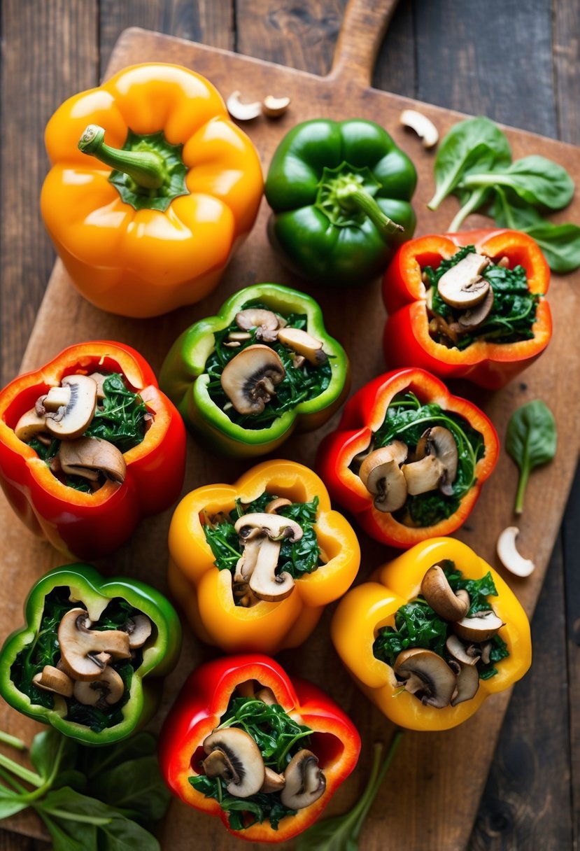 A colorful array of bell peppers, filled with a vibrant mixture of spinach and mushrooms, sit on a rustic wooden cutting board