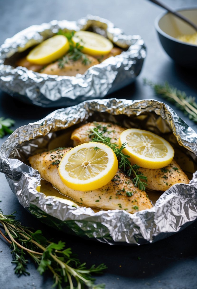 A foil packet filled with seasoned chicken, lemon slices, and herbs, ready to be placed in the oven