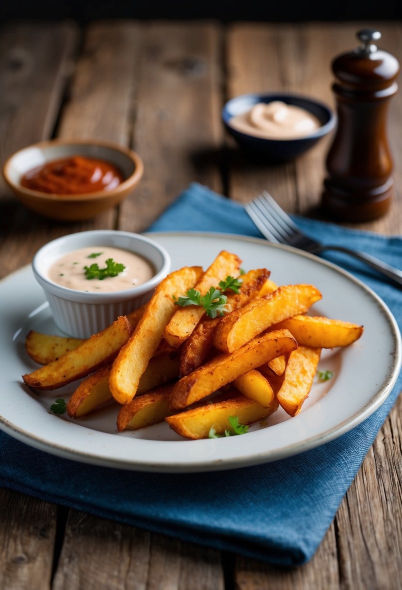 A plate of spicy Cajun potato fries with a side of dipping sauce on a rustic wooden table