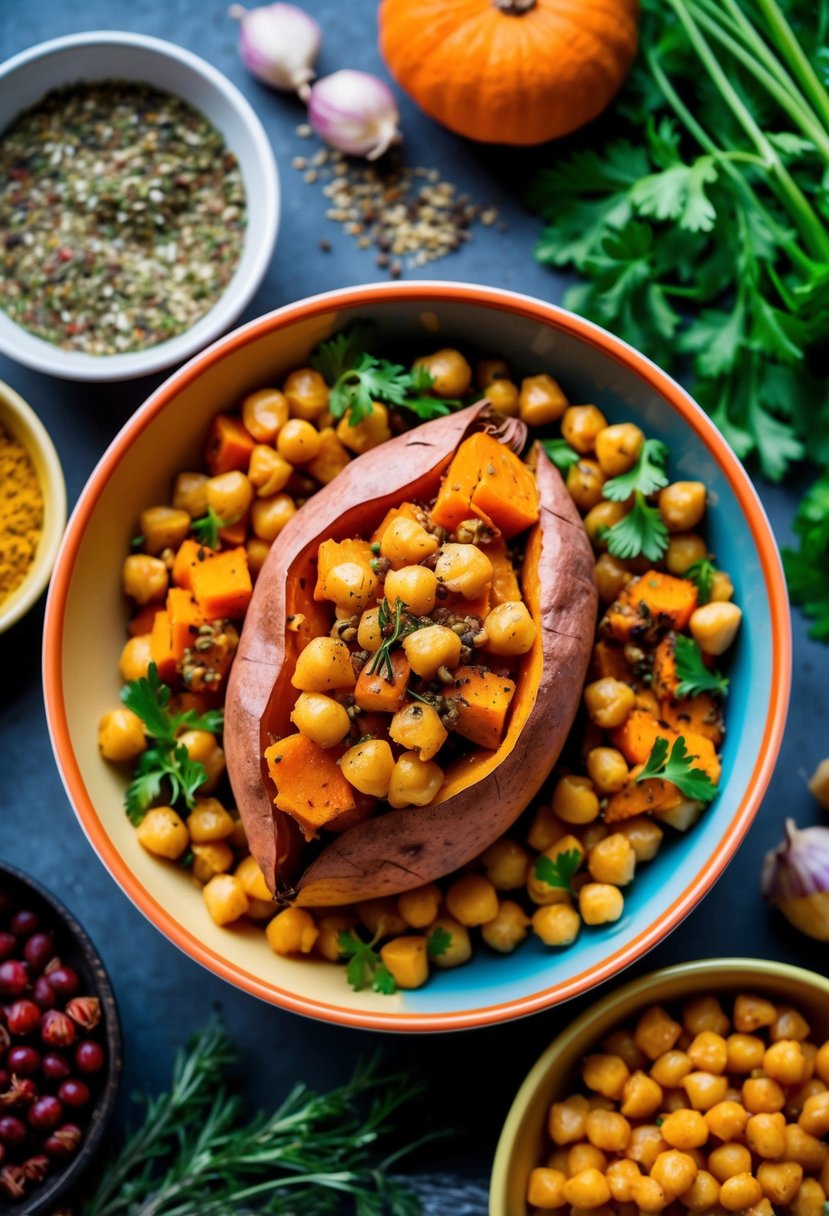 A colorful bowl filled with baked sweet potatoes, chickpeas, and fresh vegetables, surrounded by vibrant ingredients like herbs and spices