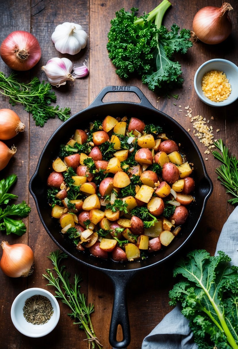 A rustic kitchen table with a skillet filled with sizzling red potato and kale hash, surrounded by fresh ingredients like garlic, onions, and herbs