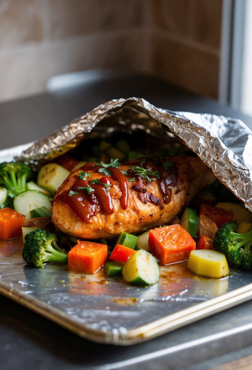 A foil packet filled with BBQ chicken and assorted vegetables sits on a baking sheet, ready to be placed in the oven