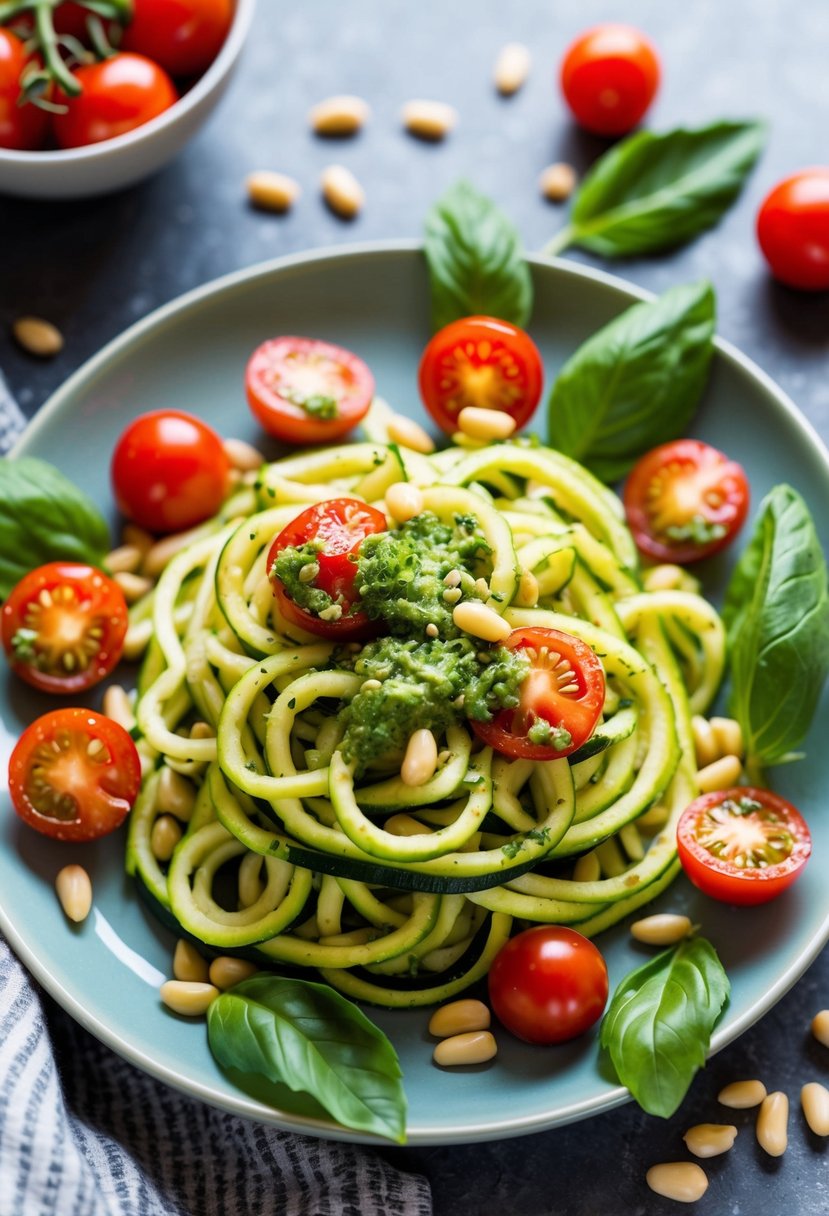 A colorful plate of zucchini noodles topped with pesto and cherry tomatoes, surrounded by fresh basil leaves and pine nuts