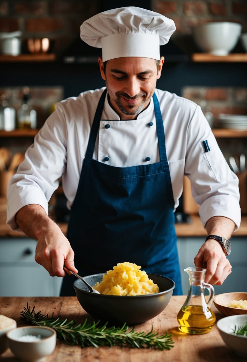 A chef mashing red skin potatoes with rosemary and olive oil in a rustic kitchen