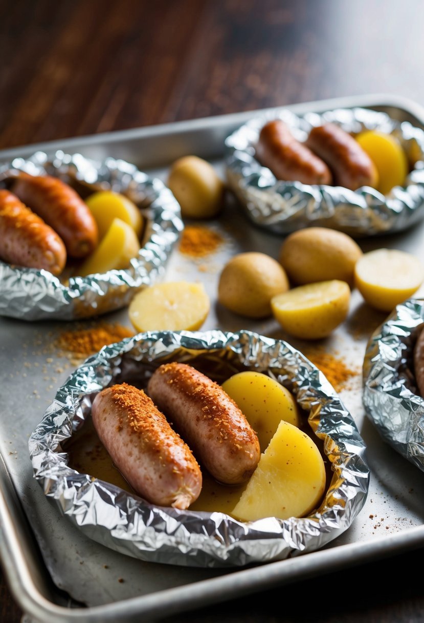 Sausage, potatoes, and Cajun seasoning arranged in foil packets on a baking sheet