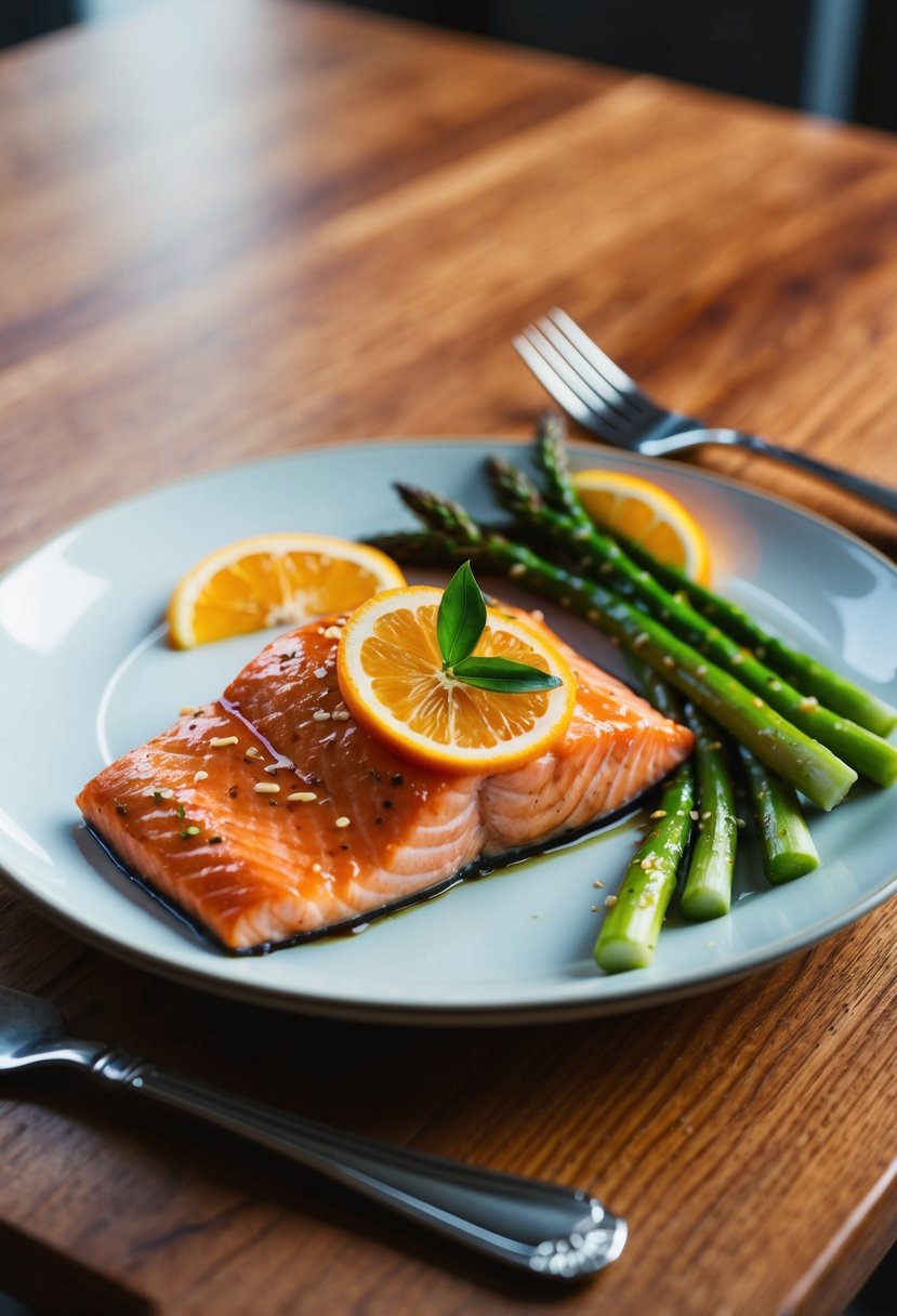 A plate of citrus glazed salmon and asparagus on a wooden table