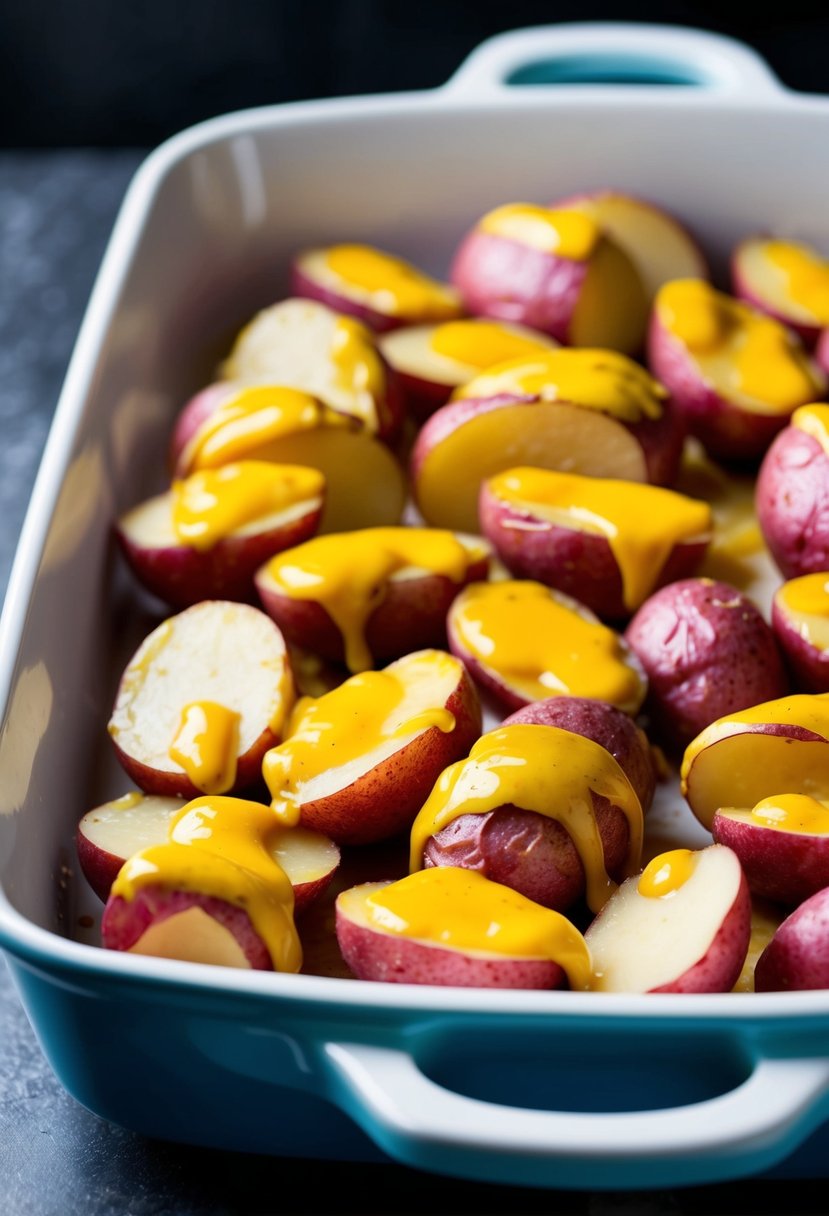 A baking dish filled with sliced red skin potatoes coated in honey mustard sauce, ready to be placed in the oven