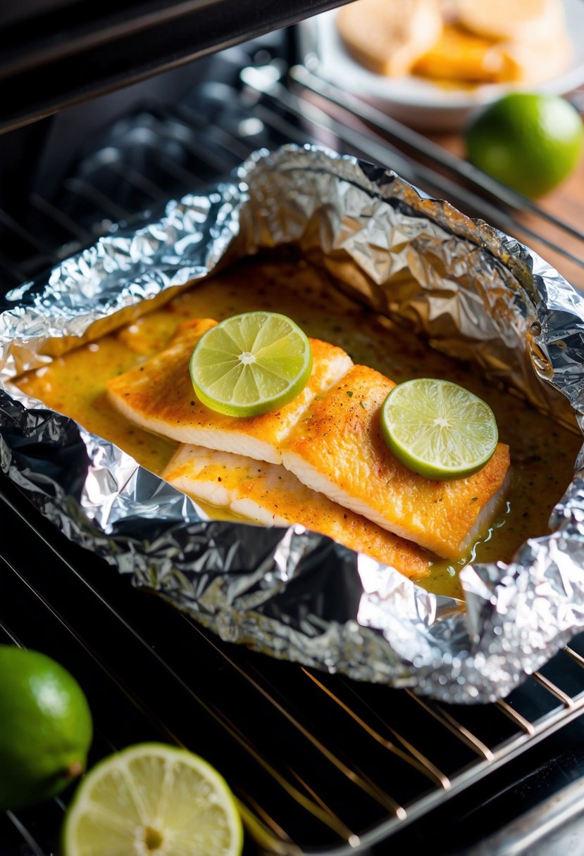 A foil packet of fiesta lime tilapia baking in the oven