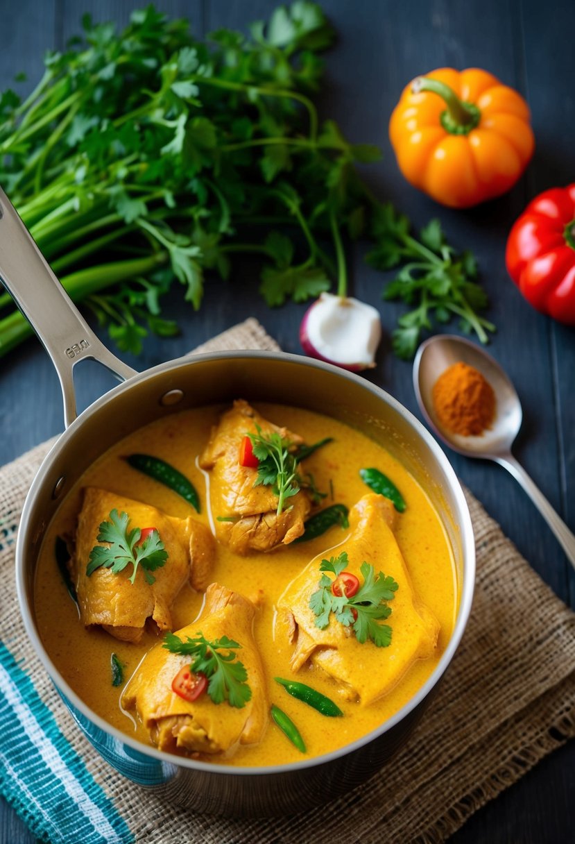 A pot of simmering turmeric coconut milk chicken with colorful vegetables and herbs