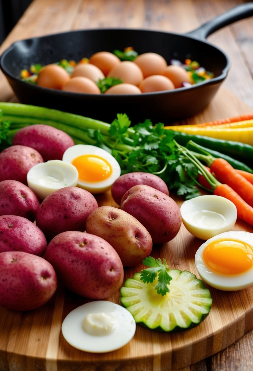 A colorful array of red skin potatoes, eggs, and fresh vegetables fill a wooden cutting board next to a skillet, ready to be cooked into healthy breakfast burritos