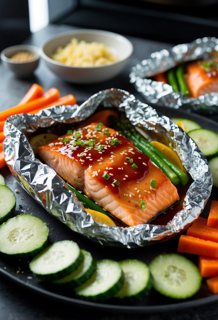 A foil packet filled with teriyaki-glazed salmon, surrounded by sliced vegetables, ready to be placed in the oven