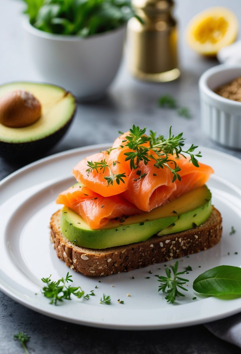 A plate with avocado toast topped with smoked salmon and garnished with fresh herbs