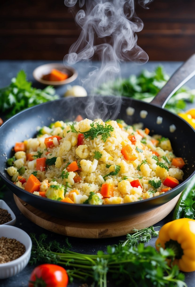 A sizzling pan filled with colorful vegetables and cauliflower rice, steam rising, surrounded by fresh herbs and spices