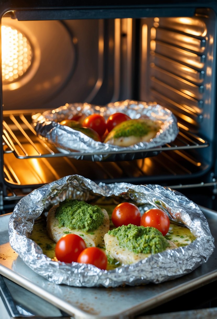 A foil packet filled with pesto chicken and tomatoes sits on a baking sheet in front of an open oven